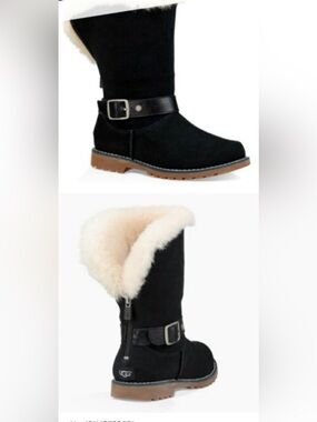 UGG Nessa Black Suede Shearling-Trim Buckle Mid-Calf Boots Size 5
